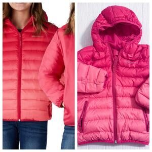 Eddie Bauer REVERSIBLE Puffer Jacket Girls Size XS (5-6) Hooded Coat Pink Ombre